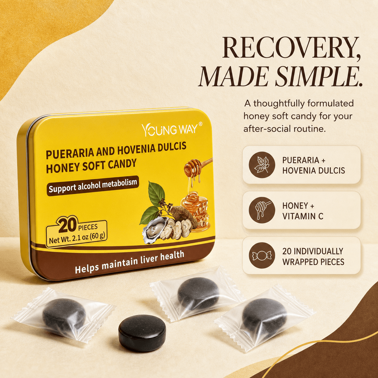 young way® pueraria and hovenia dulcis honey soft candy | hangover relief & liver support gummies with oyster peptide (20 pcs) young way® pueraria and hovenia dulcis honey soft candy | hangover relief & liver support gummies with oyster peptide (20 pcs)
