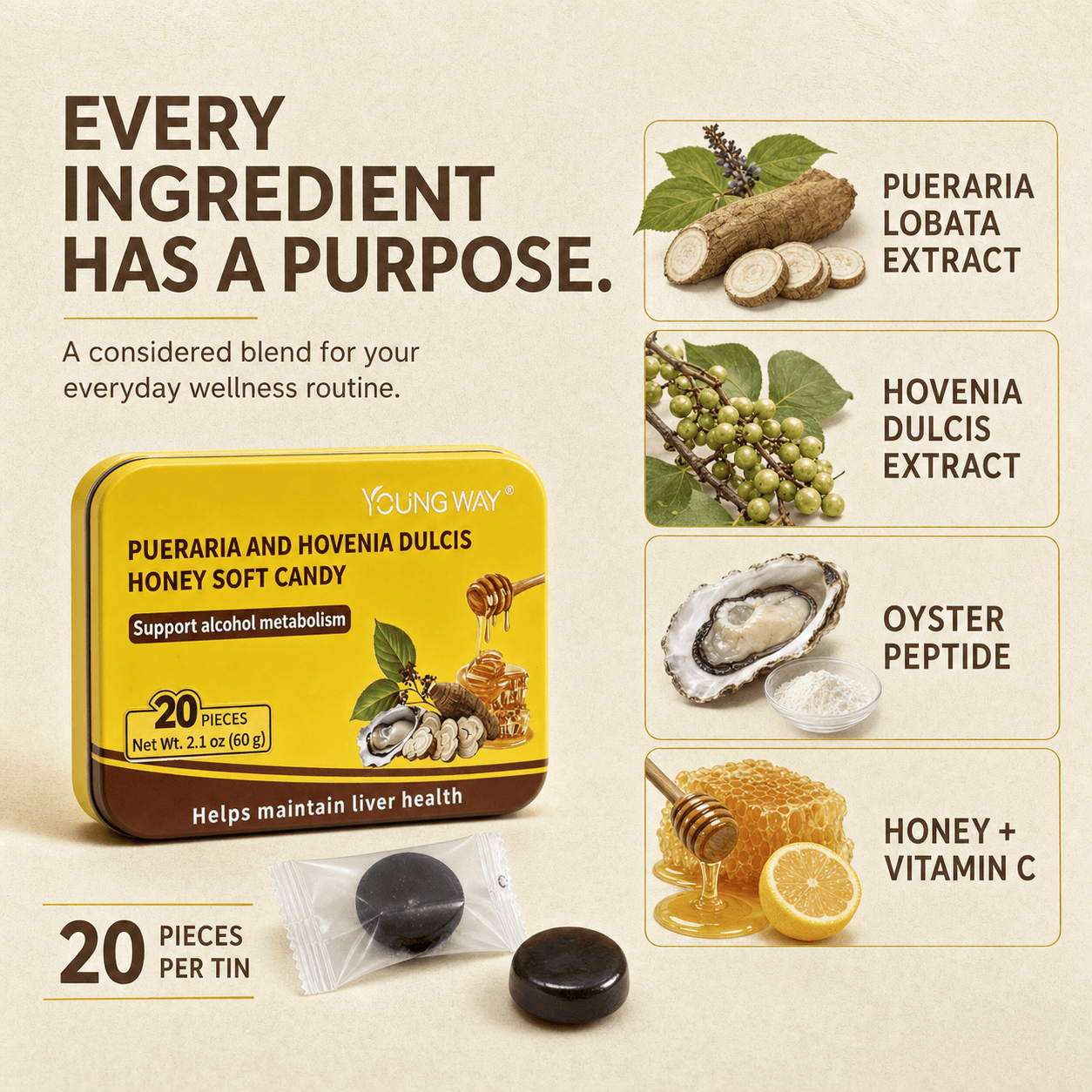 young way® pueraria and hovenia dulcis honey soft candy | hangover relief & liver support gummies with oyster peptide (20 pcs) young way® pueraria and hovenia dulcis honey soft candy | hangover relief & liver support gummies with oyster peptide (20 pcs)