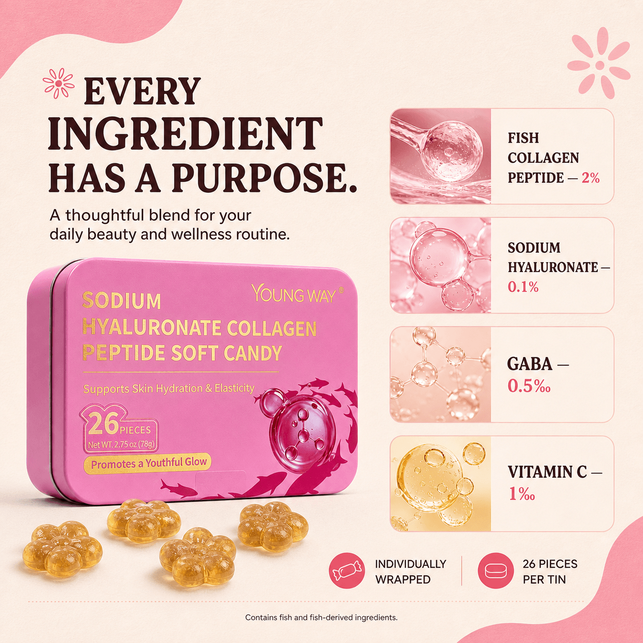 young way® sodium hyaluronate collagen peptide soft candy | skin hydration, anti aging & sleep support gummies (26 pcs) young way® sodium hyaluronate collagen peptide soft candy | skin hydration, anti aging & sleep support gummies (26 pcs)