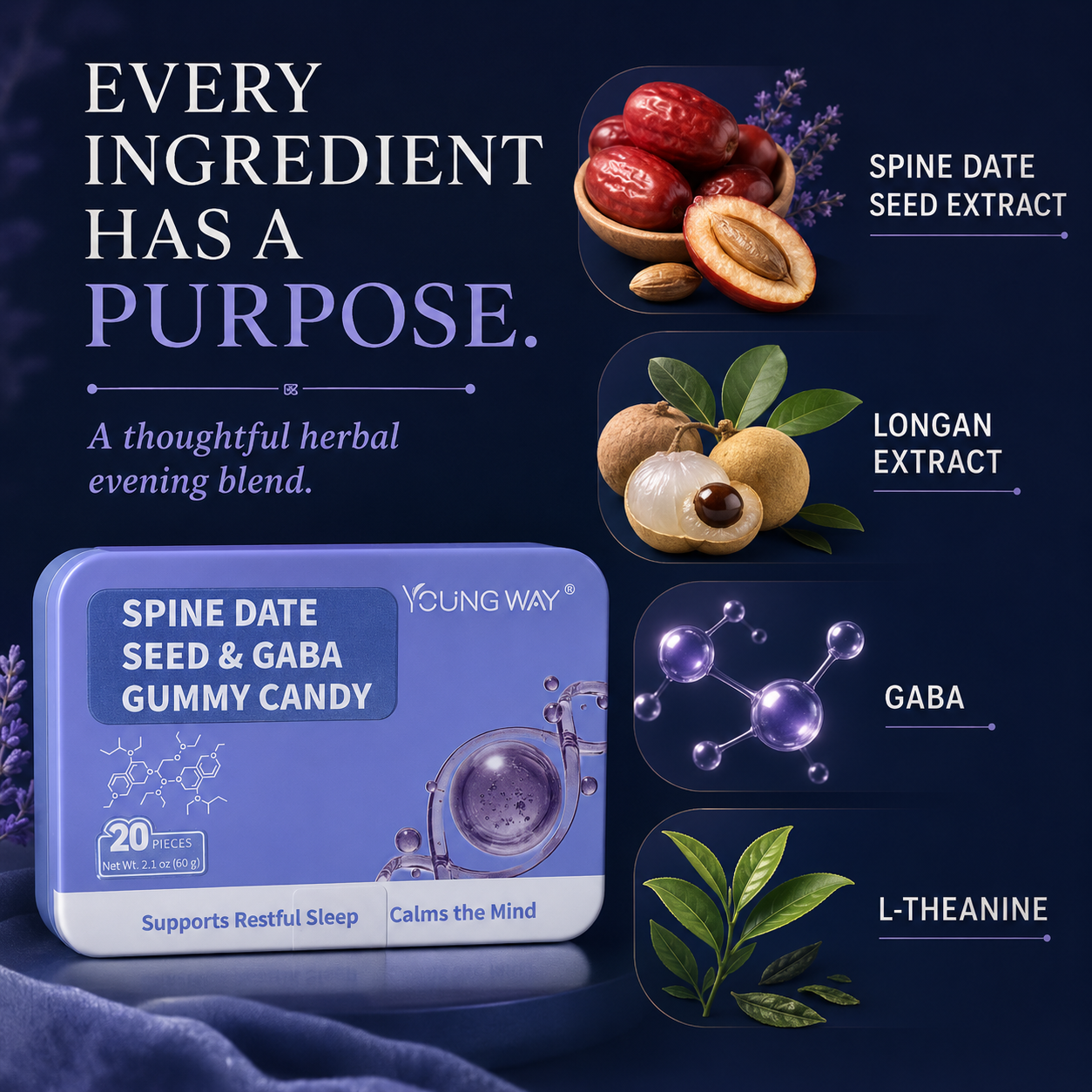 YOUNG WAY® Wild Jujube Kernel GABA Soft Candy | Melatonin-Free Herbal Sleep Gummies for Restful Sleep & Anxiety Relief (20 Pcs) 3 YOUNG WAY® Wild Jujube Kernel GABA Soft Candy | Melatonin-Free Herbal Sleep Gummies for Restful Sleep & Anxiety Relief (20 Pcs) - Image 3